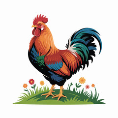 Fototapeta premium Bright Rooster Vector with Field Wheat Clean White Background