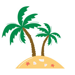 Fototapeta premium Sandy island with palm trees clip art illustration flat style. Tropical trees on the shore with shells and starfish. Vector graphics