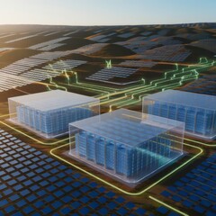 Battery Storage Grids: “An aerial panorama of rolling hills dotted with solar farms and massive BESS containers, their enclosure walls translucent to reveal glowing battery racks. Power-flow lines