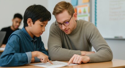 Caucasian male teacher guiding young student in classroom activity, focused on learning and interaction