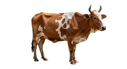 Isolated brown and white cow standing in a field for dairy farming and agriculture stock photo image
