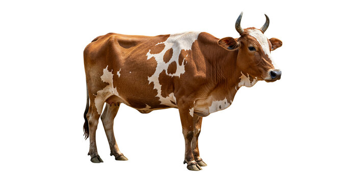 Isolated brown and white cow standing in a field for dairy farming and agriculture stock photo image