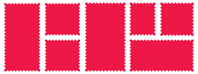 Post stamps. Empty red stamps set. Postal shapes border. Blank frames for mail letter. Jagged wavy edge forms. Vintage objects for poster, banner, badge, sticker. Flat design..