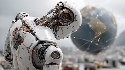 The depiction shows a white and silver humanoid figure with internal workings. A globe with lines and circles is in the background.