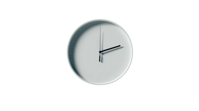 A minimalist white wall clock with black hands indicating the time against a black background space on transparent background - Powered by Adobe