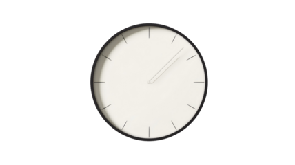 A minimalist clock with a white face and black outline against a stark black background showing the time on transparent background