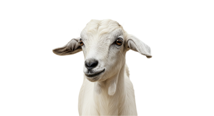 Close up shot of a white goat with a black background looking directly at the camera with a slight smile