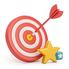 Target dartboard with red dart hitting bullseye, 3D success icon, cartoon plastic style, isolated