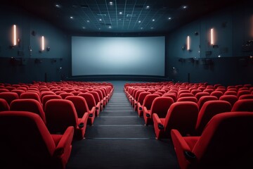 Fototapeta premium Empty modern cinema hall with red seats and blank white screen in dark interior, perfect for presentation or advertising mockup template us