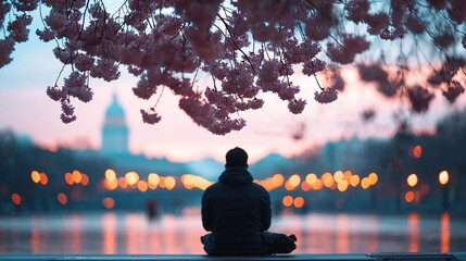 Silhouette of a Man Sitting Under Cherry Blossoms at Sunset