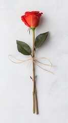 Single Red Rose Tied with Twine on a Gray Textured Background