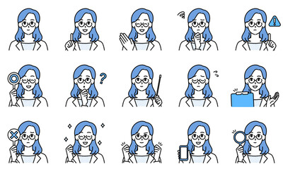 表情とポーズで感情を表す白衣を着用した医師の女性のイラストセット