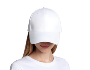 Woman Wearing White Trucker Hat MockupFront View Isolated Transparent background PNG