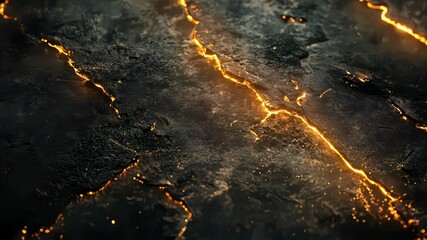 abstract dark cracked rock surface with glowing orange and gold lava fissures