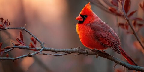 Vibrant cardinal perched on a branch at dawn.