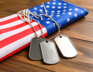 A collection of military dog tags hung on hooks beside a folded flag on a wooden table