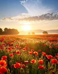 Fototapeta premium A field of wild poppy flowers stretching into the horizon under soft morning light