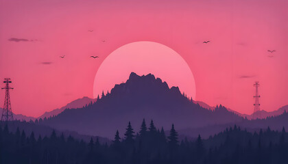 Central Mountain Silhouette Under Smooth Pink Dusk