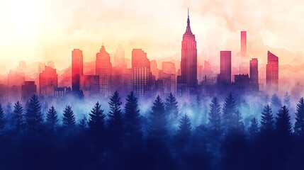 Fototapeta premium Watercolor Silhouette New York City Skyline with Coniferous Trees at Sunset