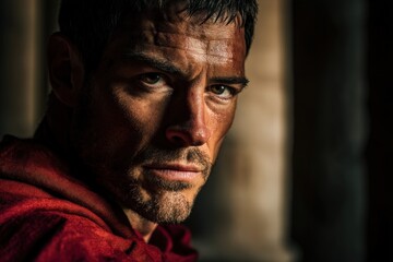 Obraz premium Serious man with intense gaze, wearing a red robe, appears in low light setting, casting dramatic shadows. His features are highlighted, exuding strength and determination