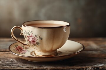 Elegant floral teacup on wooden surface