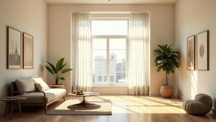 Fototapeta premium Sunlight streams through sheer curtains illuminating a minimalist living room featuring a light beige sofa, wooden coffee table, and potted plants
