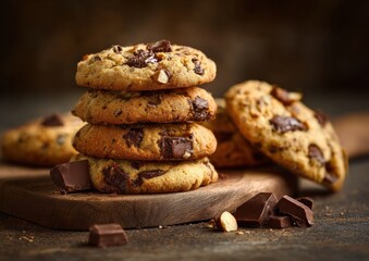 Stack of chocolate chip cookies on a wooden board.