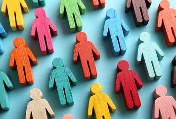 Colorful Wooden Human Figures Arranged on a Blue Background Illustrating Diversity and Inclusion Concepts