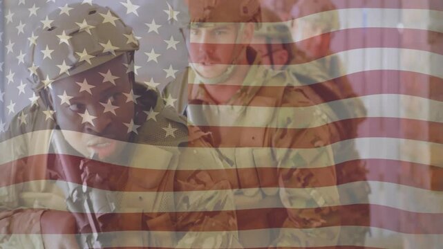 Soldiers standing in corridor, American flag overlay blending with rifles tactical gear for defense