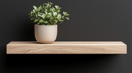 Small Green Plant in Beige Pot on Light Wooden Shelf Against Grey Background
