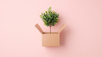 Small Green Plant Growing in Open Brown Cardboard Box on Pink Background