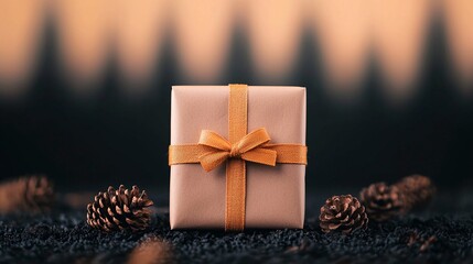 Small Wrapped Gift with Gold Bow on Forest Floor