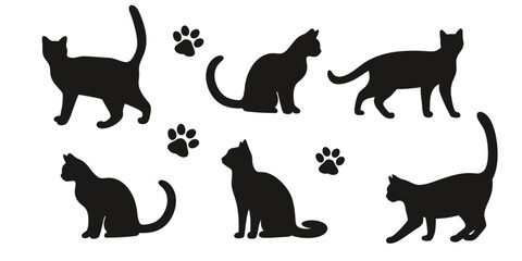 Black cat silhouette in various poses vector illustration
