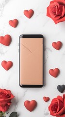 Smartphone Displaying a Valentines Day Letter Surrounded by Red Roses and Hearts
