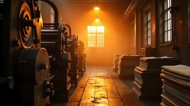 A vintage newspaper printing press background, with old-fashioned machinery and stacks of newspapers, set in a dimly lit, industrial-style building 