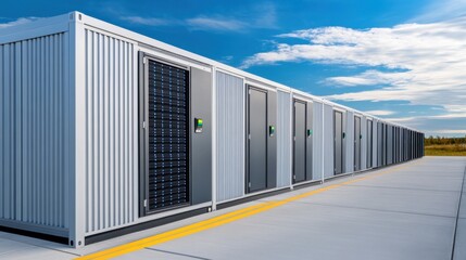 Fototapeta premium Modern Energy Storage System with Solar Panels and Clear Blue Sky at Noon