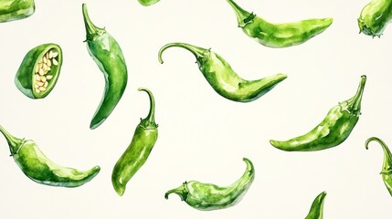 Watercolor painting of green chili peppers