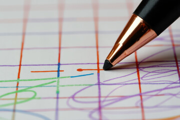 Close up reveals black and copper stylus on colorful grid paper, showcasing creativity