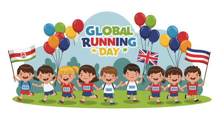 Fototapeta premium Happy cartoon kids Global Running Day