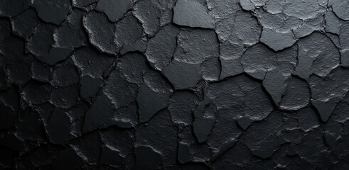 Cracked black surface texture reveals intricate patterns and depth, creating striking visual