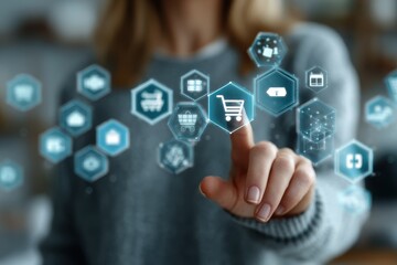 Woman Tapping Digital Shopping Icons on Floating Screen for Online Shopping Experience