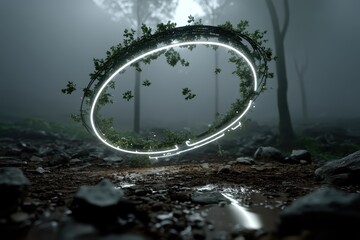 Glowing Recycling Symbol Hovering Above Ground in Misty Forest with Greenery and Rocks