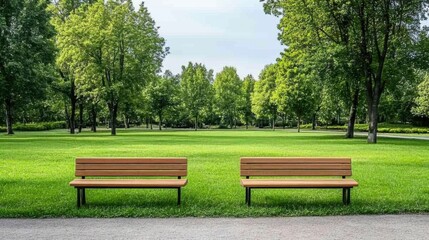 Fototapeta premium Serene Park Scene with Benches Surrounded by Lush Green Trees and Grass Landscape