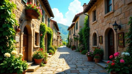 Fototapeta premium Picturesque stone street lined with charming houses, vibrant flowers in pots, and lush greenery creating a tranquil, idyllic setting