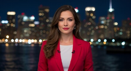 Confident woman with city lights backdrop