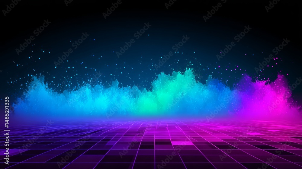 Wall mural abstract digital composition featuring neon blue and purple hues in dynamic flowing wave design with