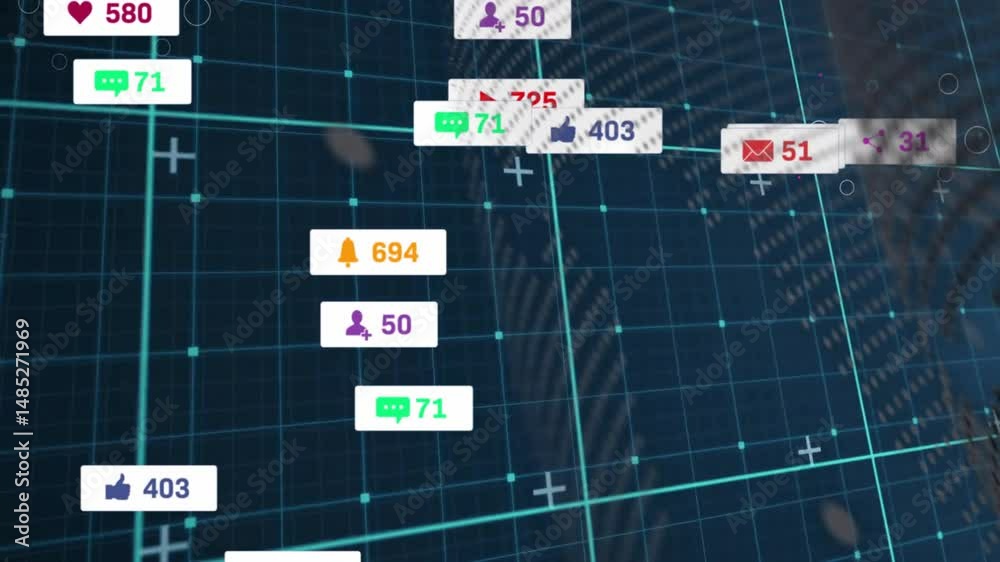 Poster floating notification panels displaying counts and icons gliding across neon teal 3d grid backdrop