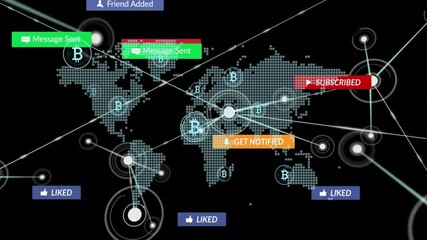 Dotted world map network visualizing Bitcoin icons, labels floating on glowing lines on dark UI