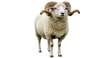 A full body portrait of a ram with curled horns standing in a field isolated on black background
