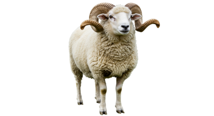 A full body portrait of a ram with curled horns standing in a field isolated on black background